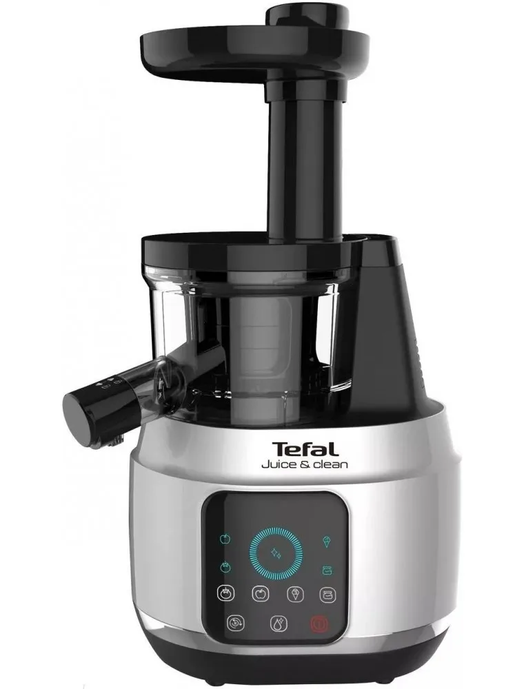 Соковитискач Tefal JuiceClean шнекового типу, потужність 150Вт, об'єм чаші 0.8л, об'єм жмиху 0.8л, виготовлений з пластику, срібля