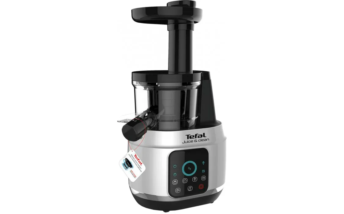 Соковитискач Tefal JuiceClean шнекового типу, потужність 150Вт, об'єм чаші 0.8л, об'єм жмиху 0.8л, виготовлений з пластику, срібля