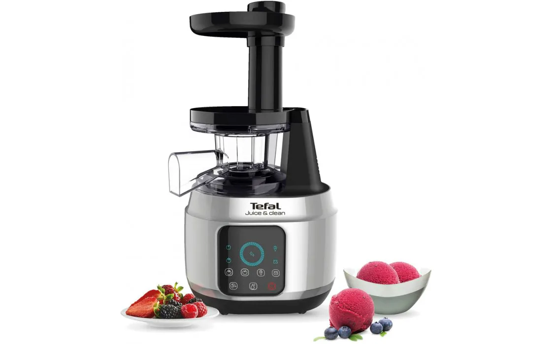 Соковитискач Tefal JuiceClean шнекового типу, потужність 150Вт, об'єм чаші 0.8л, об'єм жмиху 0.8л, виготовлений з пластику, срібля