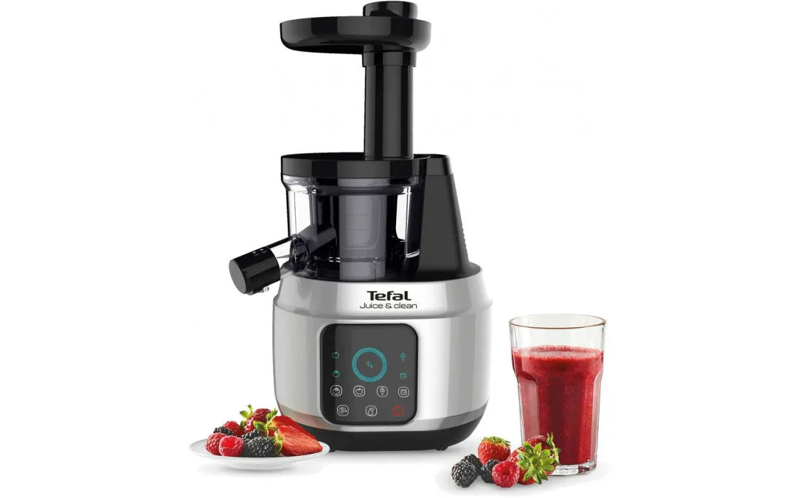 Соковитискач Tefal JuiceClean шнекового типу, потужність 150Вт, об'єм чаші 0.8л, об'єм жмиху 0.8л, виготовлений з пластику, срібля