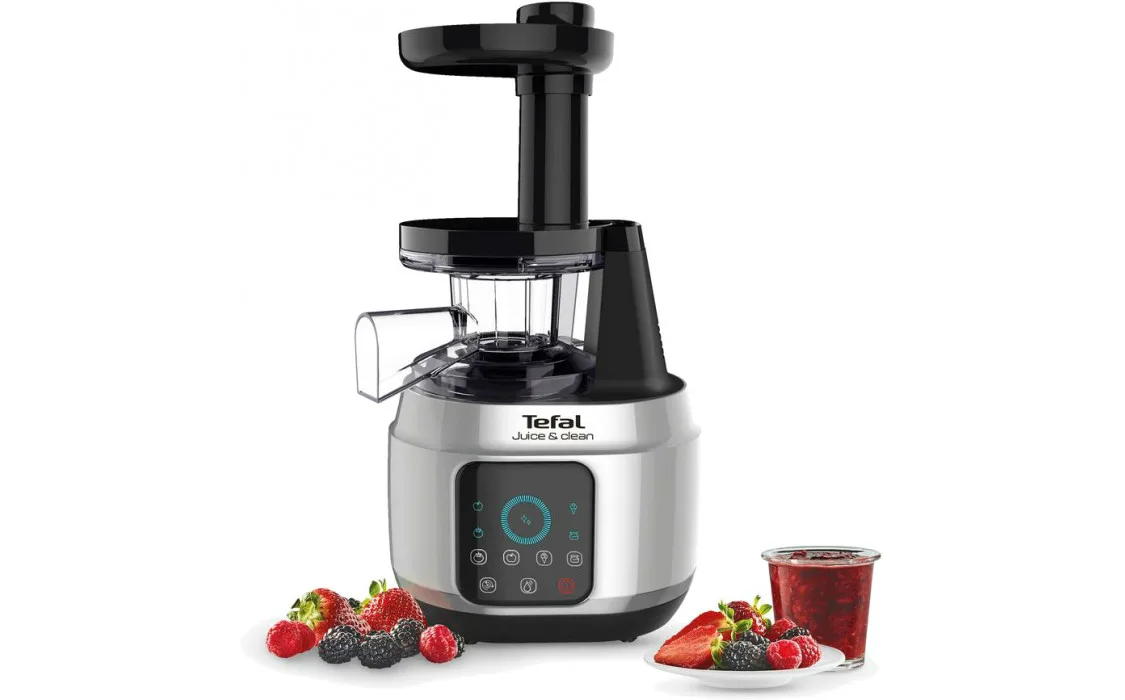 Соковитискач Tefal JuiceClean шнекового типу, потужність 150Вт, об'єм чаші 0.8л, об'єм жмиху 0.8л, виготовлений з пластику, срібля