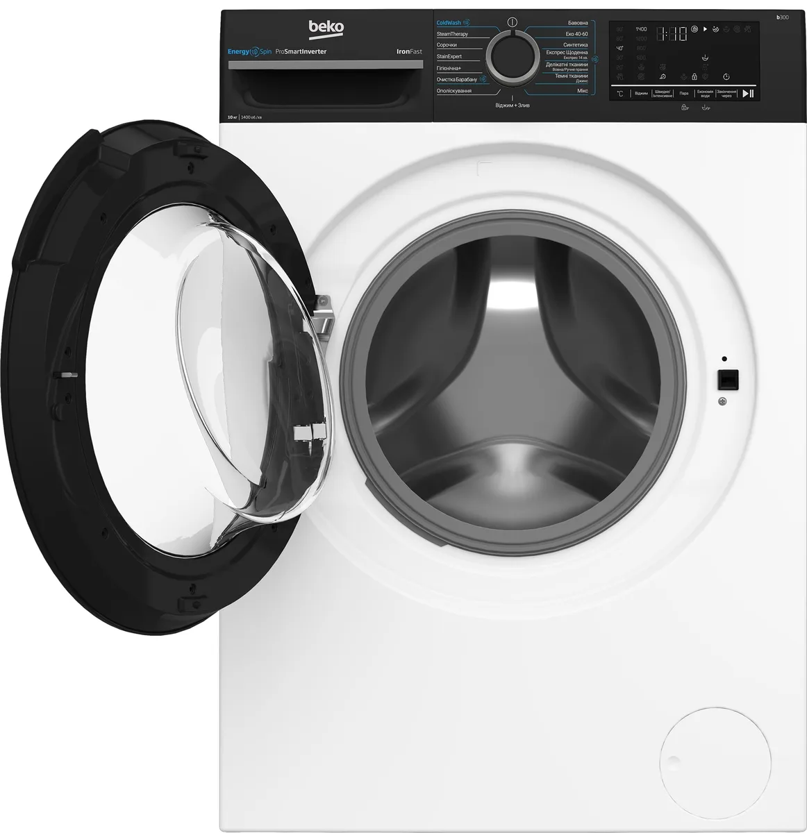Стиральная машина Beko фронтальной загрузки, 10 кг, 1400 об/мин, класс энергопотребления A, ширина 58 см, с дисплеем, инверторным двигателем и функцией пара, белая