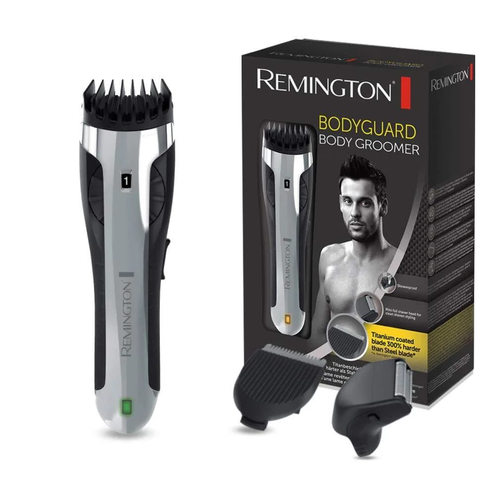Тример Remington Bodyguard для тіла, акумуляторний, з 2 насадками, титанове покриття, чорний та сріблястий.