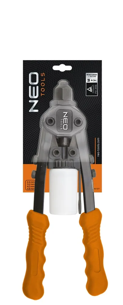 Заклепочник Neo Tools с комплектом заклепок диаметром 24, 32, 40, 48 мм, длина 270 мм.