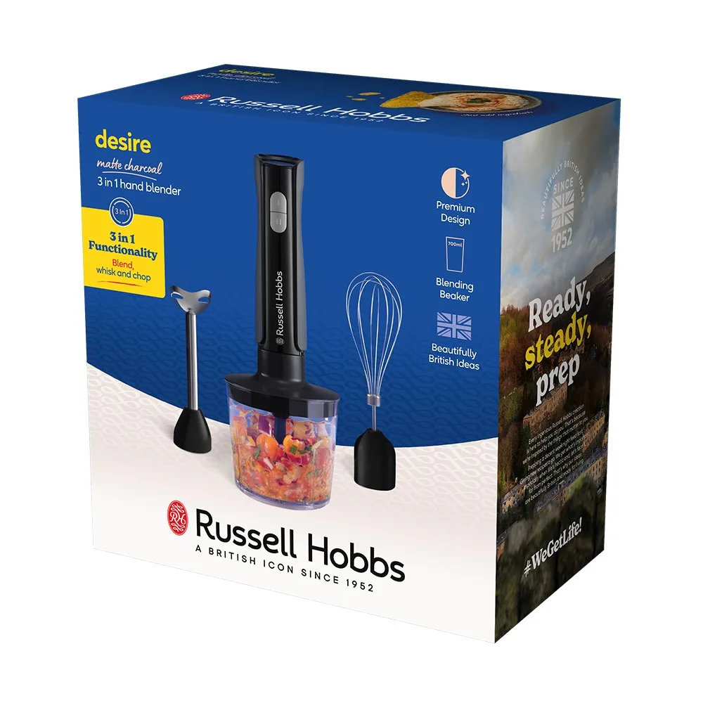 Занурювальний блендер Russell Hobbs Desire Matte Charcoal, 500 Вт, чаша 500 мл, вінчик, міні-подрібнювач, чорний.