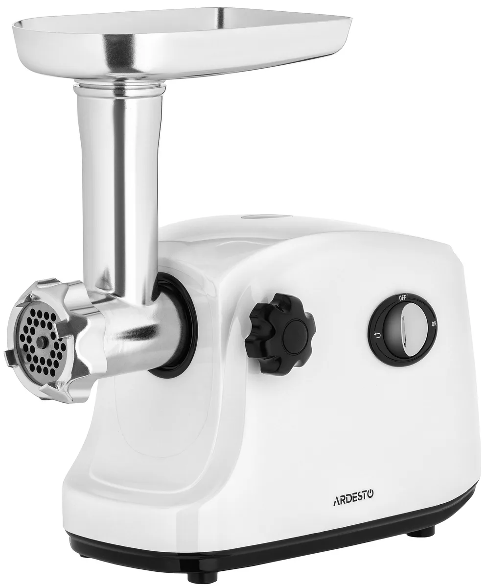 М'ясорубка ARDESTO, 1600 Вт, продуктивність 1.6 кг/хв, 3 насадки, для приготування ковбас і кеббе, пластиковий корпус, білий колір