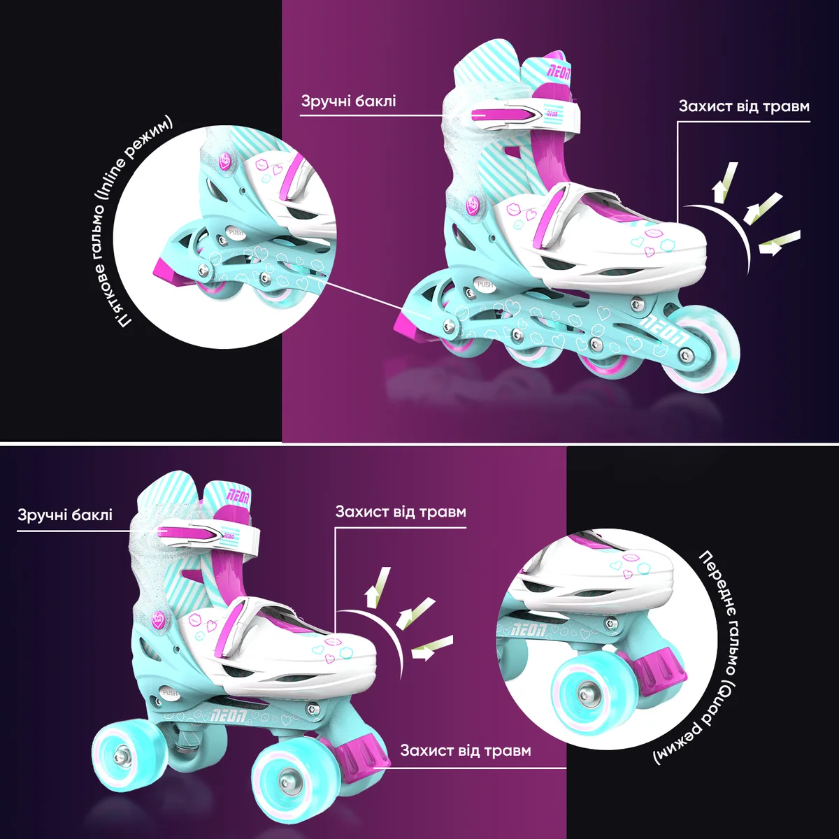Роликові ковзани Neon Combo, розмір 30-33, бірюзовий