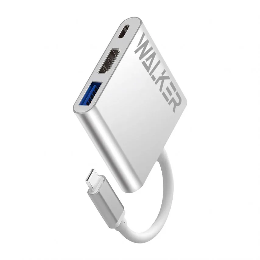 Перехідник USB-хаб 3в1 WALKER метал срібний Type-C 4K 20V 3A