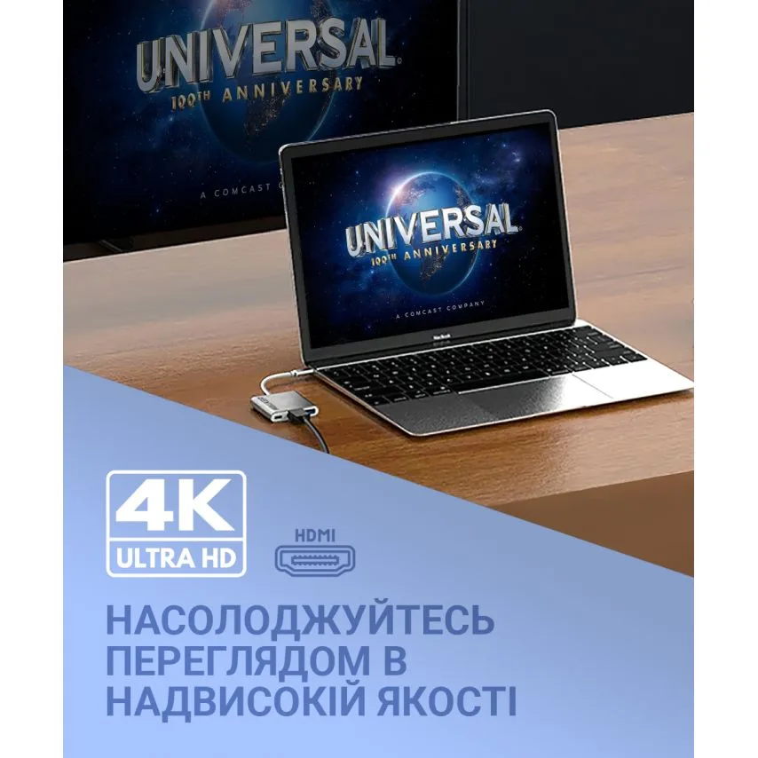 Перехідник USB-хаб 3в1 WALKER метал срібний Type-C 4K 20V 3A