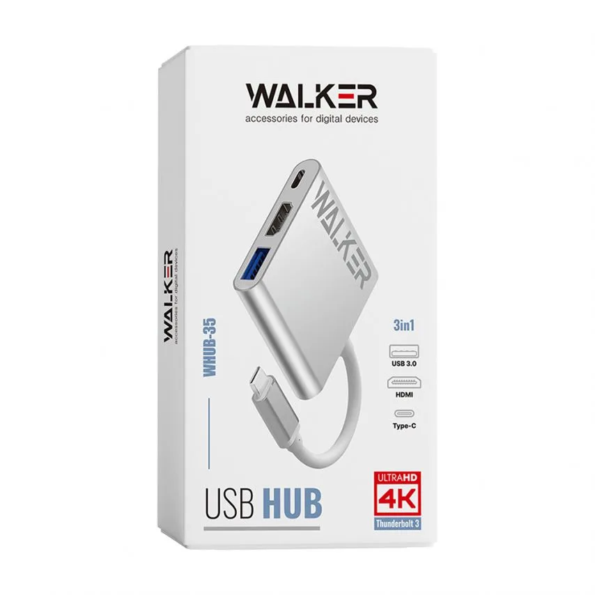 Перехідник USB-хаб 3в1 WALKER метал срібний Type-C 4K 20V 3A