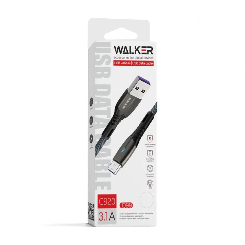 Кабель USB Type-C WALKER тканинний 1м чорний 3,1А Quick Charge