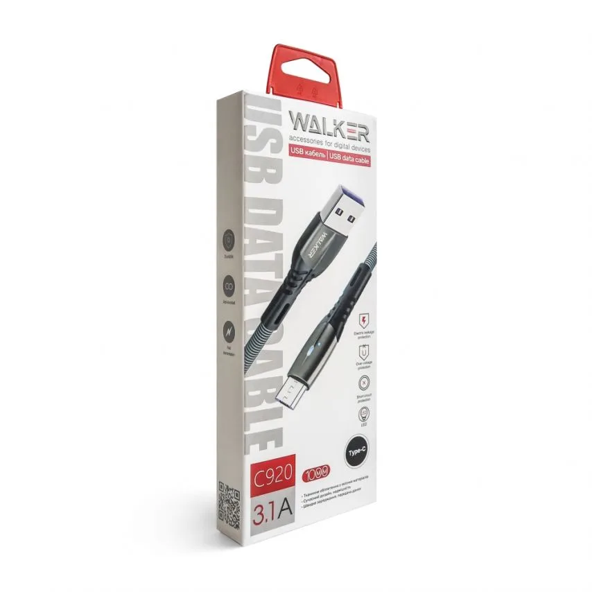 Кабель USB Type-C WALKER тканинний 1м чорний 3,1А Quick Charge