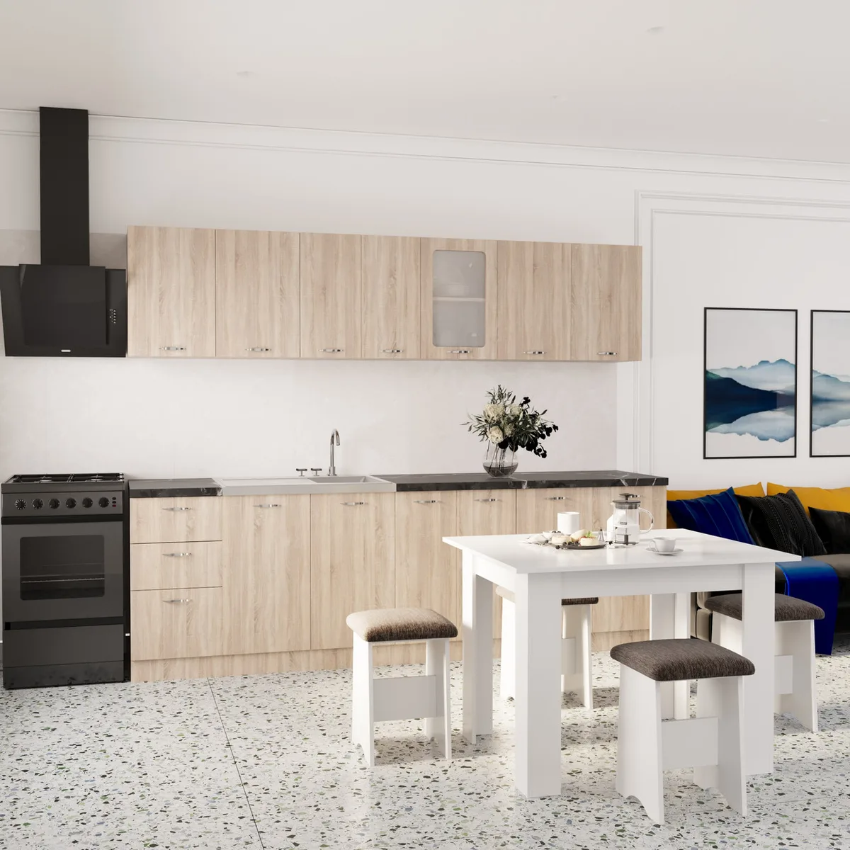 Кухня Comfort 2,6 м Дуб Сонома классическая модульная мебель для кухни с матовым стеклом и столешницей