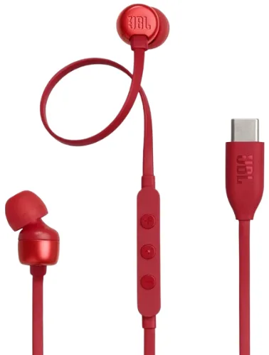 На русский язык текст переводится как: "Наушники JBL проводные вакуумные USB-C 9 мм красные".