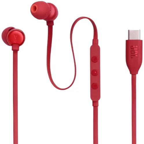 На русский язык текст переводится как: "Наушники JBL проводные вакуумные USB-C 9 мм красные".