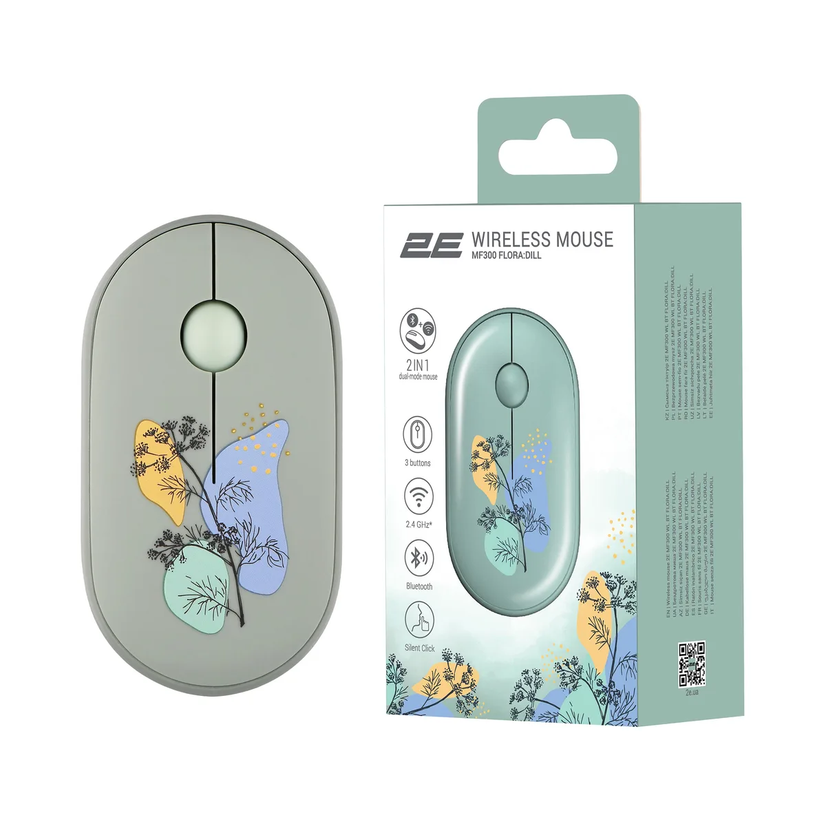 Миша 2E MF300 FLORA:DILL Silent WL BT, зелений