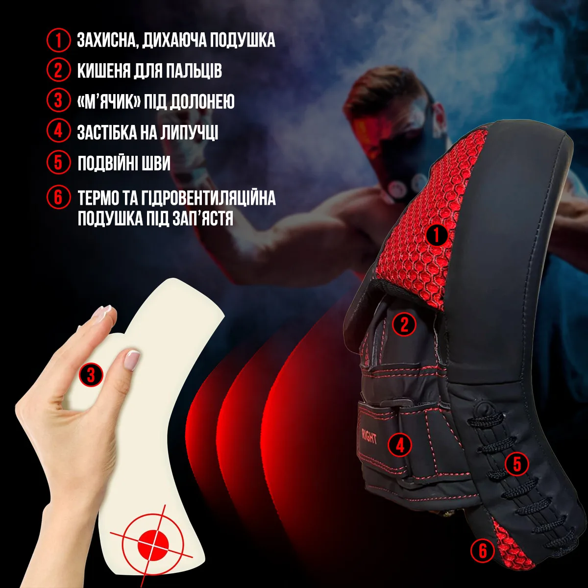 Боксерские лапы Active Point 22х19х6 см Черные Красные