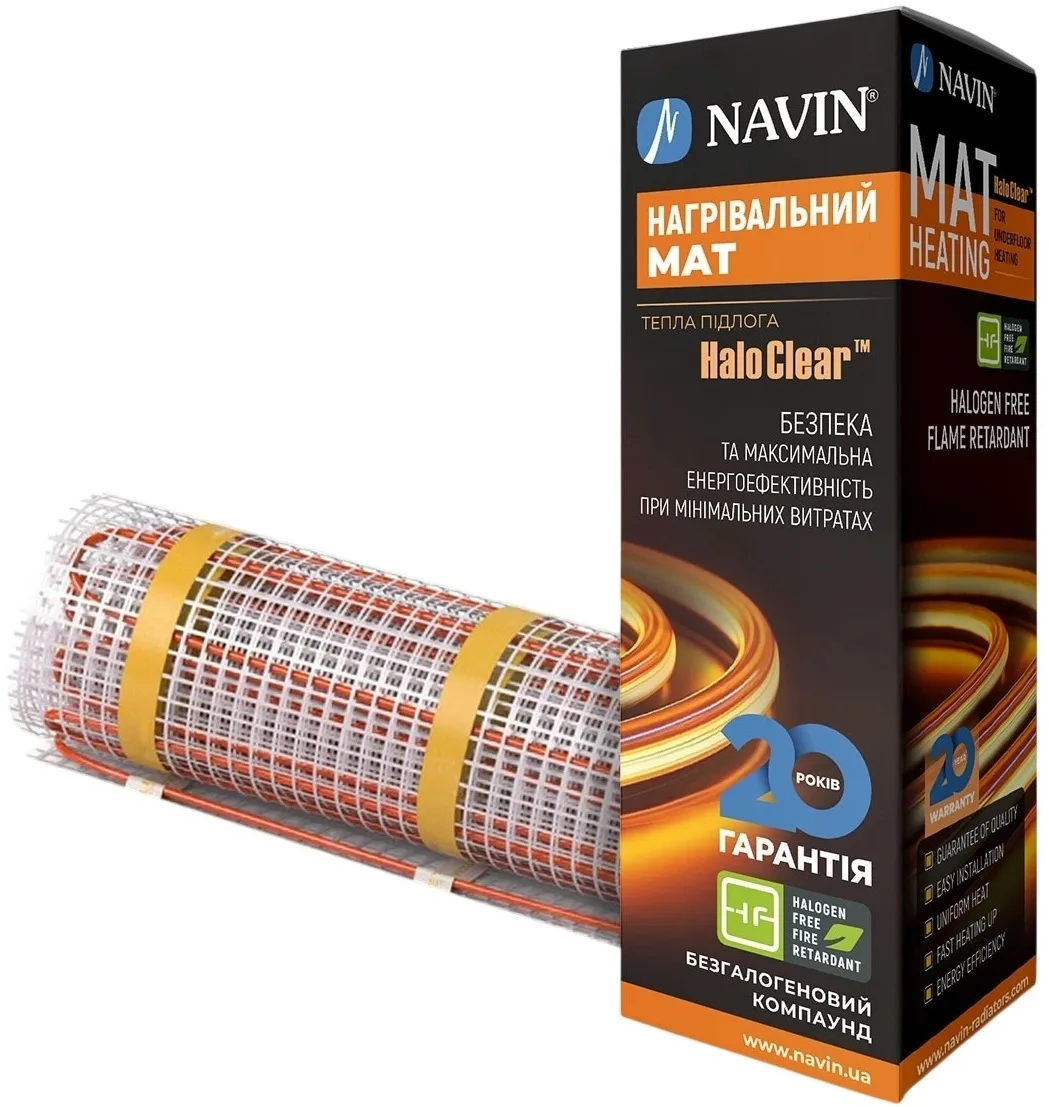 Мат нагрівальний Navin HaloClear 190/340 двожильний для систем опалення 1.8м кв, 0.5х3.6м 340Вт 230В