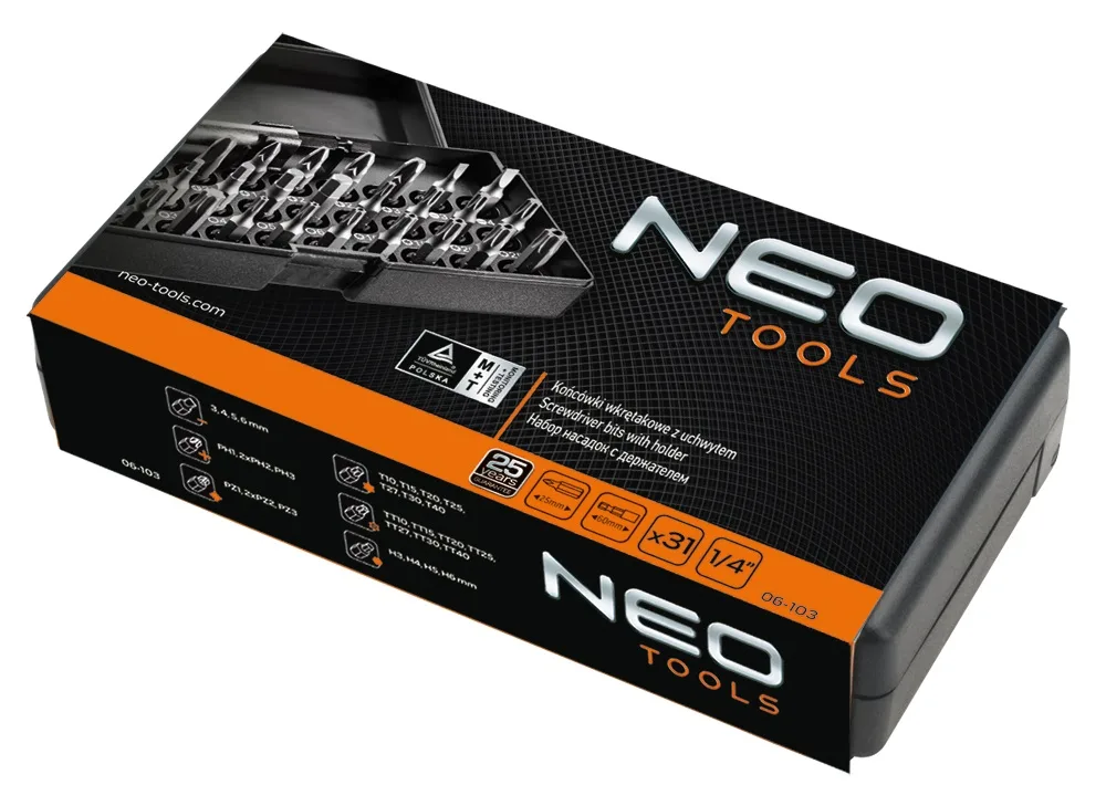 Биты Neo Tools, 1/4", битодержатель, SL, PH, PZ, H, T, TT, 25 мм, сталь S2, комплект в кейсе, 31 шт