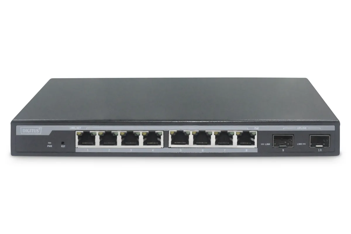 Коммутатор DIGITUS 8 портов Gigabit PoE + 2 порта SFP, бюджет PoE 86W, управляемый L2.