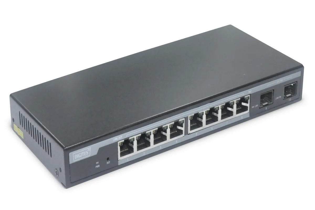 Коммутатор DIGITUS 8 портов Gigabit PoE + 2 порта SFP, бюджет PoE 86W, управляемый L2.