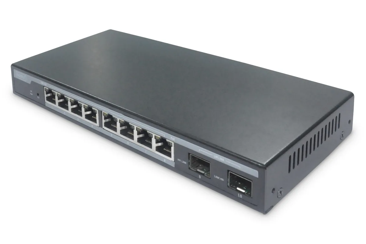 Коммутатор DIGITUS 8 портов Gigabit PoE + 2 порта SFP, бюджет PoE 86W, управляемый L2.