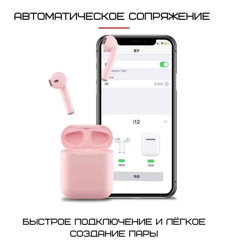 Беспроводные наушники Bluetooth Inpods 12 шумоподавление IPX7 4,1х0,4х1,35 см розовые