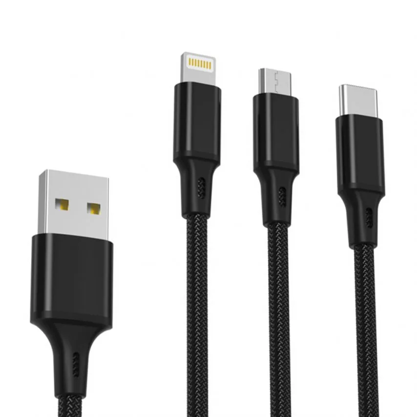 Кабель USB 3в1 XO тканинний 1,2 м чорний Type-C Micro Lightning 2,4A