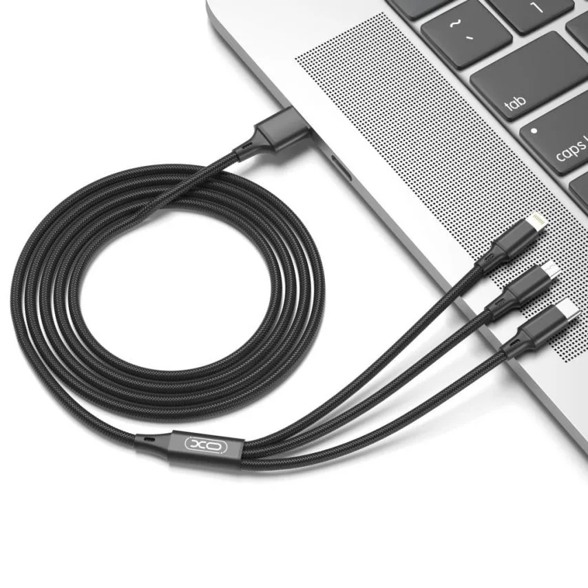 Кабель USB 3в1 XO тканинний 1,2 м чорний Type-C Micro Lightning 2,4A
