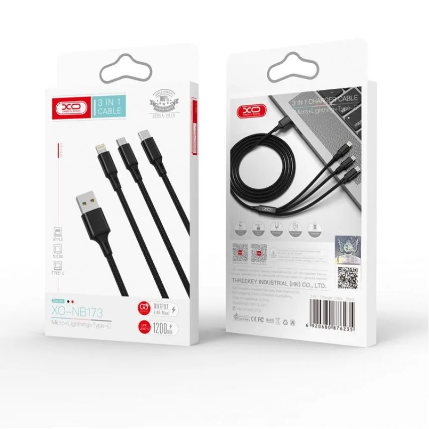 Кабель USB 3в1 XO тканинний 1,2 м чорний Type-C Micro Lightning 2,4A