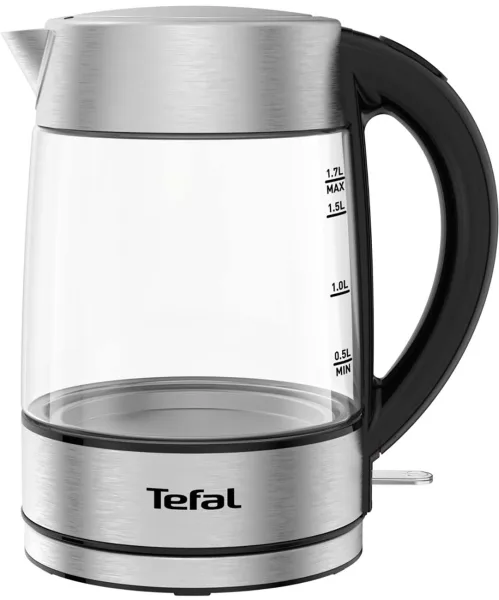 Електричний чайник Tefal скляний 1.7 л з підсвіткою, сріблястий та чорний.