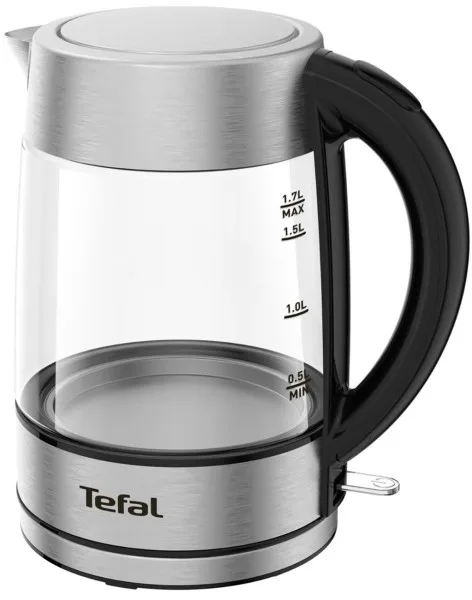 Електричний чайник Tefal скляний 1.7 л з підсвіткою, сріблястий та чорний.