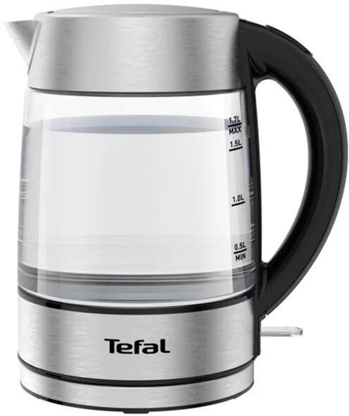 Електричний чайник Tefal скляний 1.7 л з підсвіткою, сріблястий та чорний.