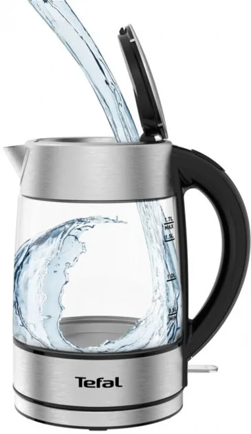 Електричний чайник Tefal скляний 1.7 л з підсвіткою, сріблястий та чорний.