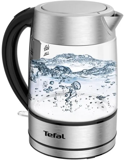 Електричний чайник Tefal скляний 1.7 л з підсвіткою, сріблястий та чорний.