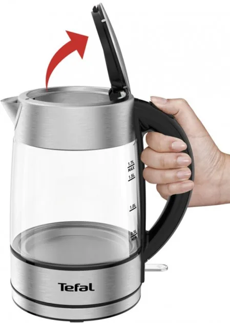 Електричний чайник Tefal скляний 1.7 л з підсвіткою, сріблястий та чорний.