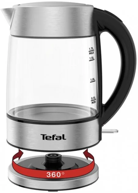 Електричний чайник Tefal скляний 1.7 л з підсвіткою, сріблястий та чорний.