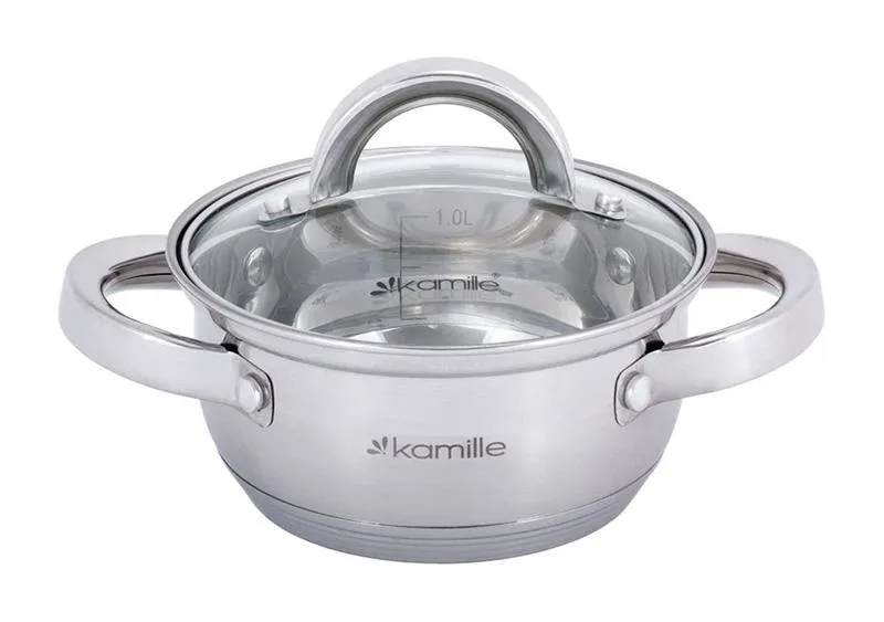 Каструля Kamille нержавіюча сталь 1 л низька з кришкою скляною