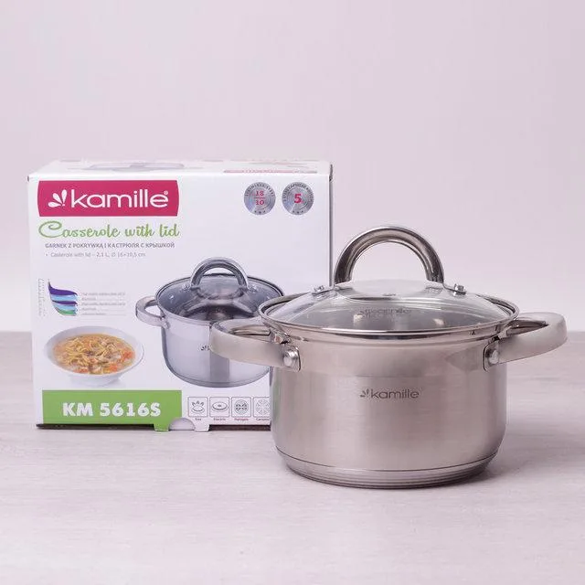 Каструля Kamille нержавіюча сталь 1,5 л 16 см матова зі скляною кришкою