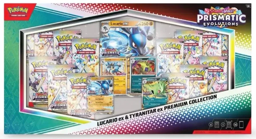 Колекційна карткова гра Pokemon: Scarlet & Violet Prismatic Evolutions. Lucario Ex & Tyranitar Ex Premium Collection Box