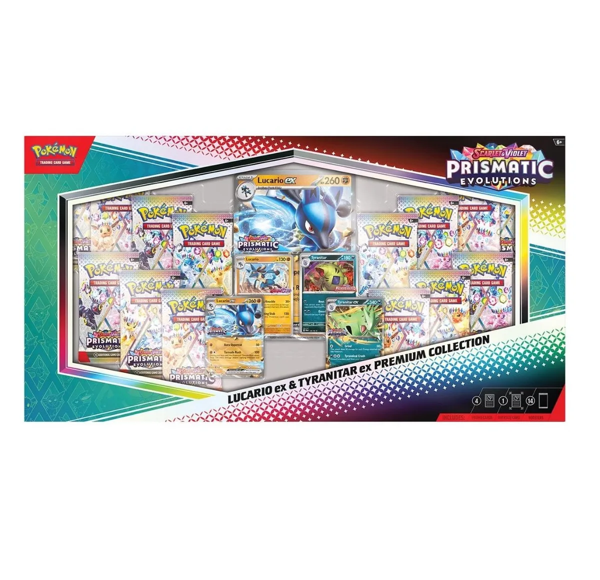 Колекційна карткова гра Pokemon: Scarlet & Violet Prismatic Evolutions. Lucario Ex & Tyranitar Ex Premium Collection Box