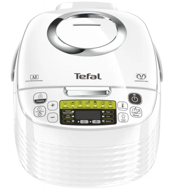 Мультиварка Tefal Spherical, потужність 750 Вт, об'єм чаші 5 л, електронне управління, пластиковий корпус, білий колір.