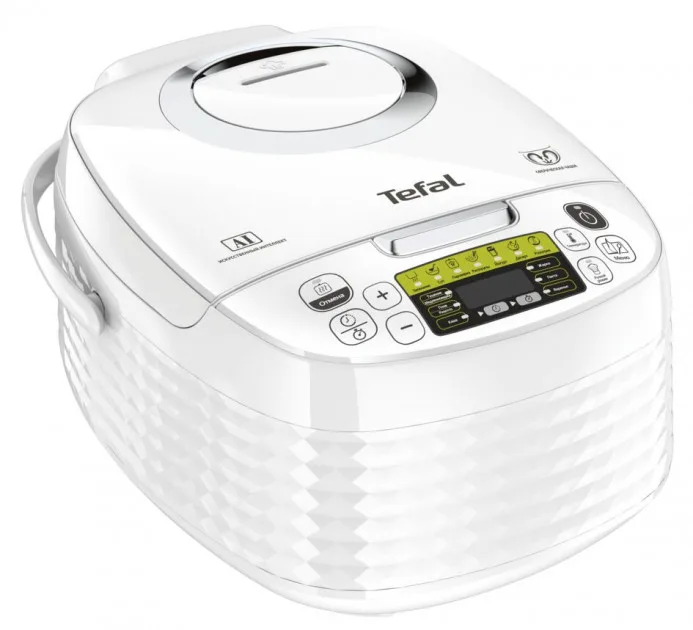 Мультиварка Tefal Spherical, потужність 750 Вт, об'єм чаші 5 л, електронне управління, пластиковий корпус, білий колір.