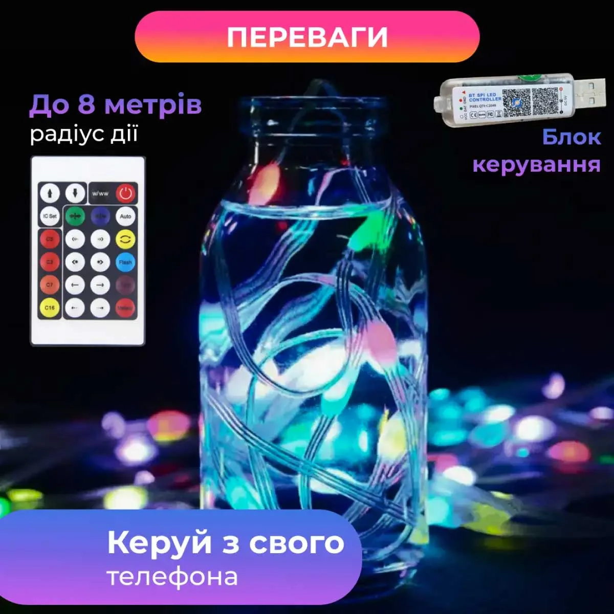 Умная гирлянда LED 200 шт 2 м прозрачная разноцветная