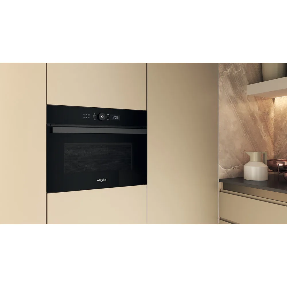 Електрична компактна духова шафа Whirlpool, 40л, з дисплеєм, конвекцією та функцією мікрохвиль, чорного кольору.