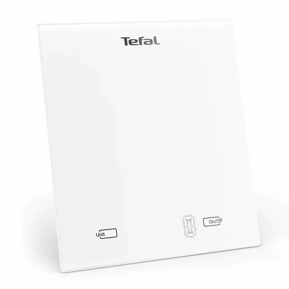 Кухонні ваги Tefal Essential, 5 кг, з батарейками AAAx2, скляна поверхня, білий колір.
