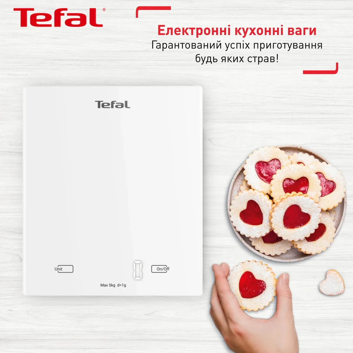 Кухонні ваги Tefal Essential, 5 кг, з батарейками AAAx2, скляна поверхня, білий колір.