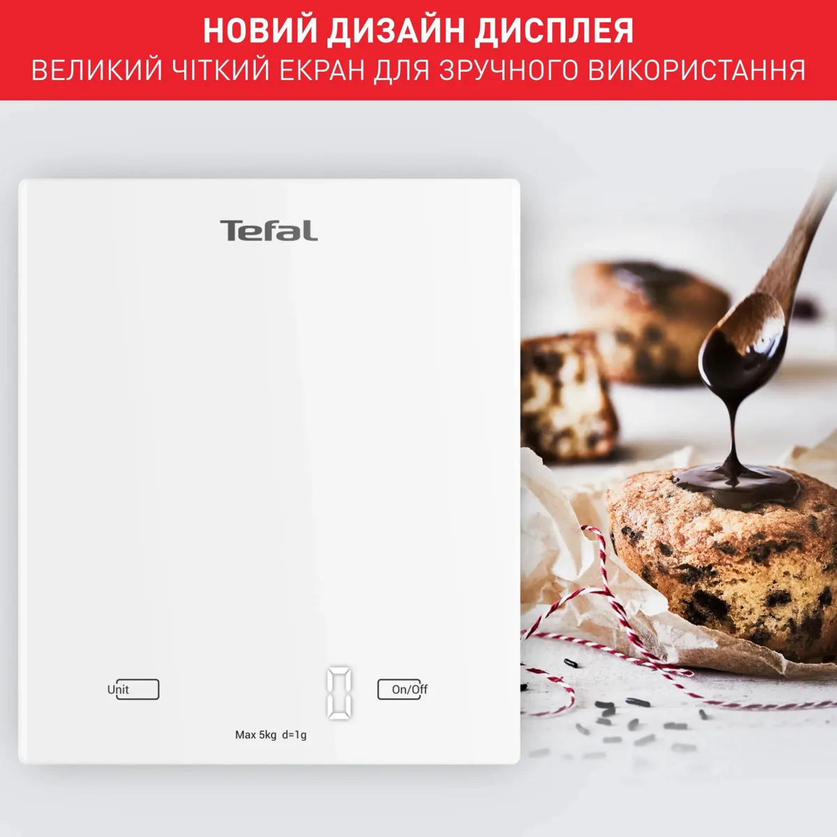 Кухонні ваги Tefal Essential, 5 кг, з батарейками AAAx2, скляна поверхня, білий колір.