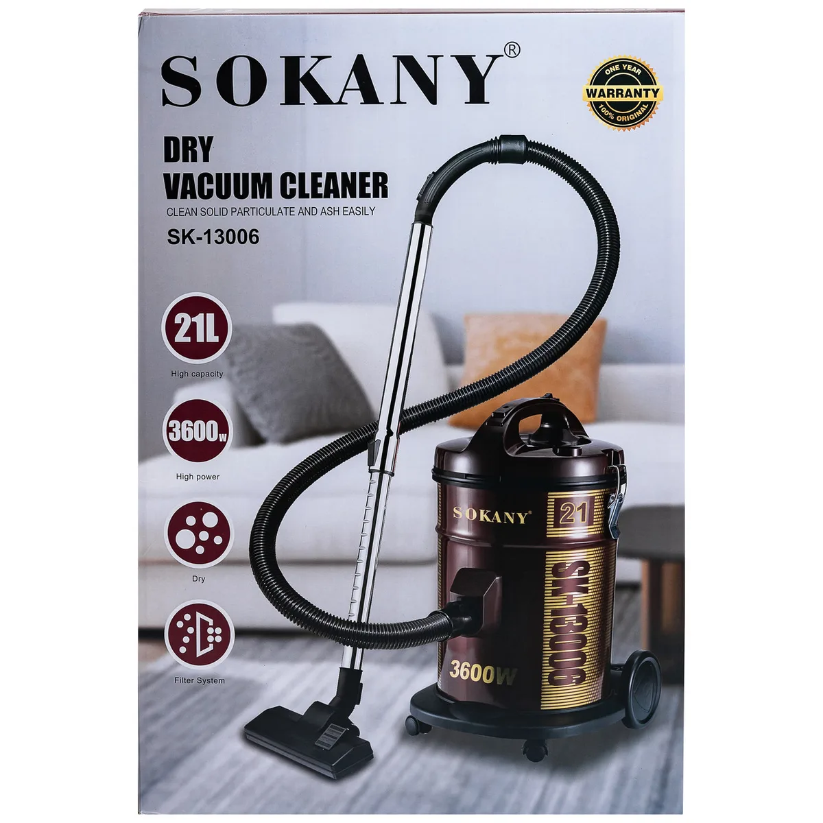 Пилосос SOKANY металевий 21 л червоний 3600 Вт з мішком HEPA фільтром