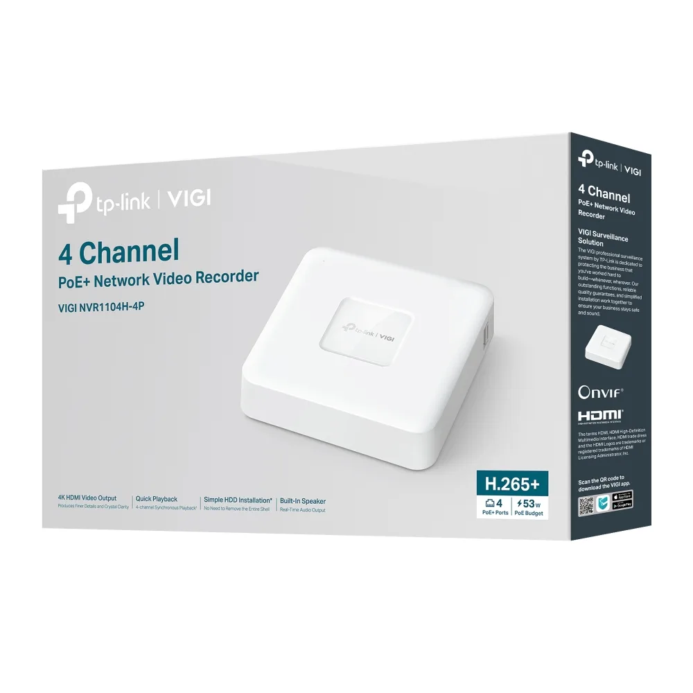 IP-Відеореєстратор TP-LINK VIGI NVR1104H-4P, 4 канали Poe, 2xUSB, H265+, 1xHDD, до 16 ТБ, білий